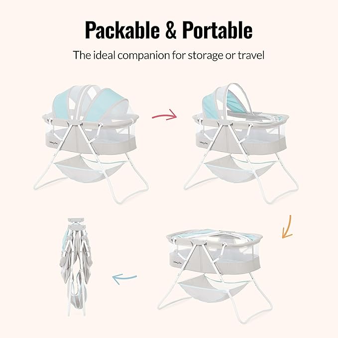Dream On Me Karley Bassinet in Blue & Grey, Lightweight Portable Baby Bassinet, Quick Fold and Easy to Carry , Adjustable Double Canopy, Indoor and Outdoor Bassinet with Large Storage Basket.