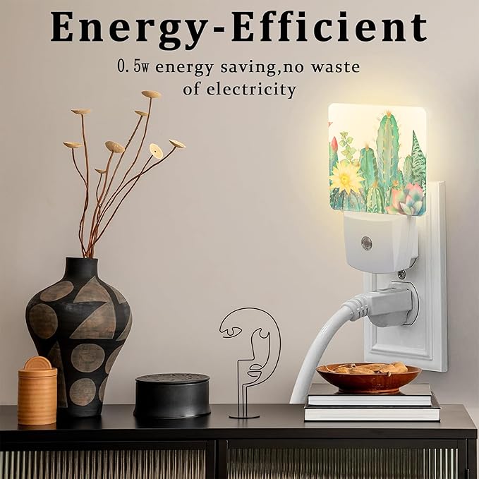 Cactus and Succulents Night Light Plug into Wall, Watercolor Botanical Floral Dusk to Dawn Night Light Plug in,0.5w Energy Saving Sleep Friendly NightLight for Kids Boys Girls Home Decor