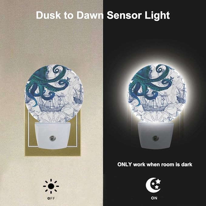 EKOBLA Vintage Octopus Night Lights Plug into Wall Sea Monster Nautical Coastal Night Light Dusk to Dawn Sensor LED Round Lamp for Men Women Boys Girls Home Decor