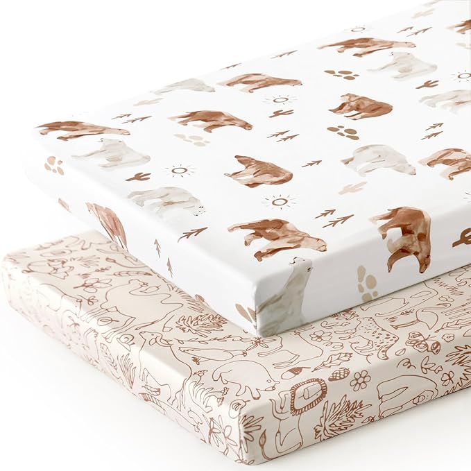Stretchy Ultra Soft Jersey Knit Pack n Play Sheets Set 2 Pack, Portable/Mini Crib Sheets for Boys and Girls, Universal Fit for Pack N Plays Safe and Snug, Stylish Playard Sheets of Cute Animals Print