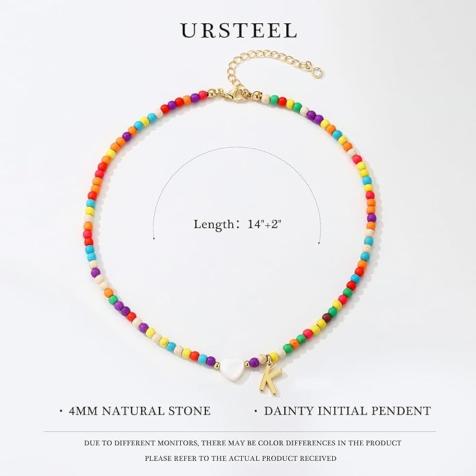 Ursteel Colorful Initial Cute Necklaces for Girls - Trendy Beaded Choker Necklace for Women Teen Girl, Personalized Letter Initial Gifts for Women Kids Jewelry