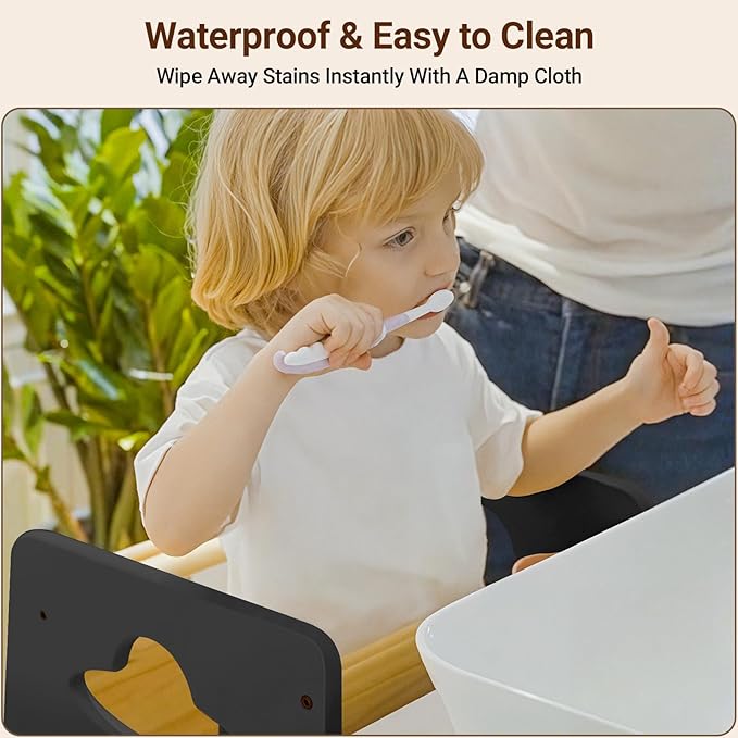 COSYLAND Toddler Standing Tower Adjustable Height - Super Stable Kids Kitchen Stool Helper - 3 Levels Adjustable Wooden Toddler Kitchen Stool (Natural & Dark Gray)