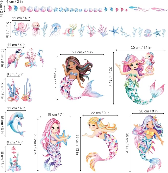 decalmile Under The Sea Mermaid Double Sided Window Clings Ocean Animal Whale Turtle Jellyfish Anti-Collision Glass Doors Window Stickers Decals