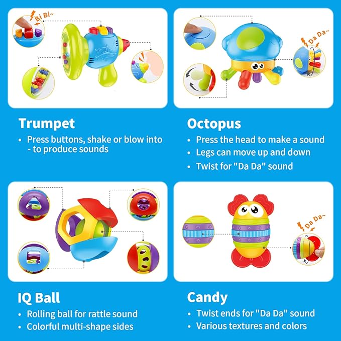 MOONTOY 7pcs Baby Rattles Toy Set, Baby Toys 0-6 Months Infant Toys 6-12 Months Teethers for Babies 3-6 Months Easter Basket Stuffers, Sensory Teething Toys 0 1 2 3 4 5 6 Month Newborn Boy Girl Gifts