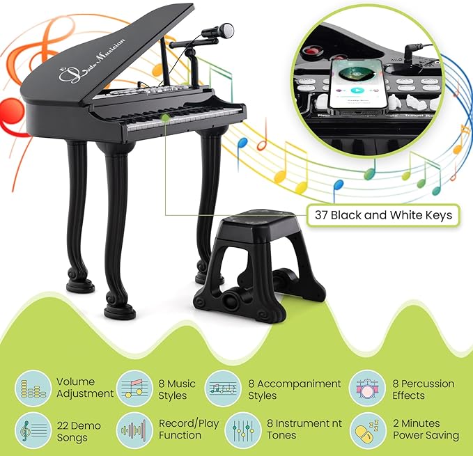 HONEY JOY Classical Kids Mini Grand Piano w/ Music Stand & Stool, Portable Electronic Piano Educational Musical Instrument Toy w/ Microphone, Lights, Gift for Kids (Black, 37 Keys)