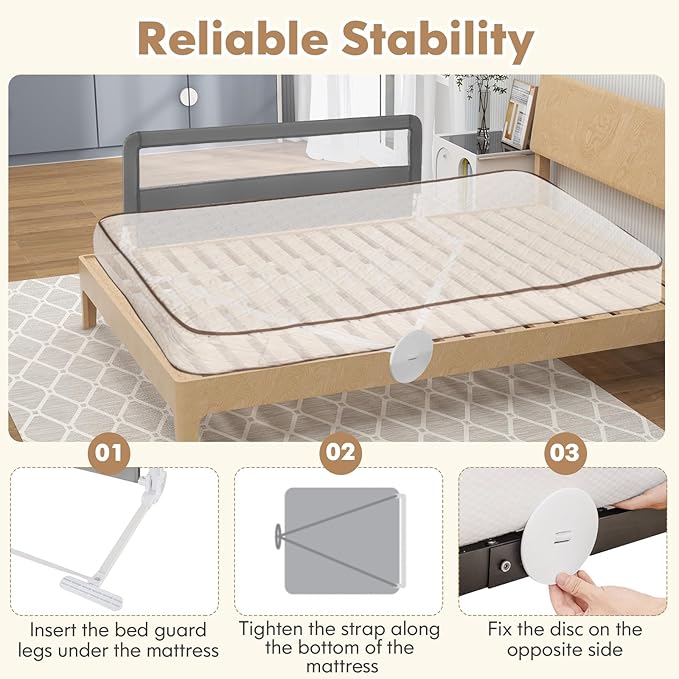 BABY JOY Bed Rails for Toddlers, 59‘’ Extra Long, Upgraded Swing Down Bed Guard w/Safety Straps, Folding Baby Bedrail for Kids Twin, Double, Full Size Queen & King Mattress (Gray, 59-Inch)