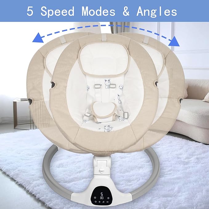 Baby Swing for Infants to Toddler Portable Babies Swing Timing Function 5 Swing Speeds Bluetooth Touch Screen Music Speaker with 10 Preset Lullabies 5-Point Carabiner (Ivory White)