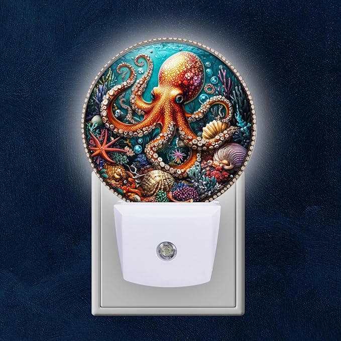 Round LED Night Lights Lamp with Dusk to Dawn Sensor, Red Octopus Surrounded by Underwater Scene Night Light Plug Into Wall for Kids Room, Bedroom, Bathroom, Kitchen, Hallway