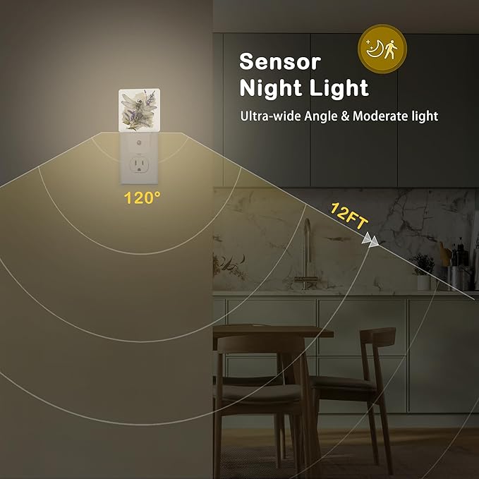 Dragonfly Watercolor Night Light with Dusk to Dawn Light Sensors, Plug-in Wall Led Night Lights, Energy Efficient Lamp for Bedroom/Bathroom/Kitchen/Hallway/Stairs