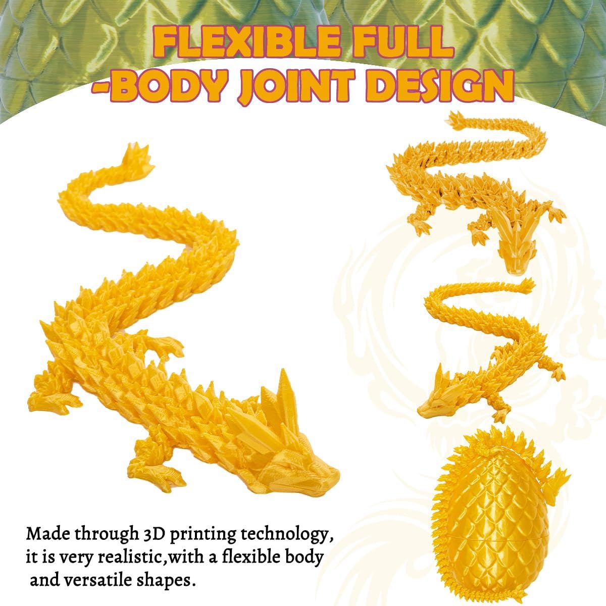 3D Printed Dragon Eggs with Dragon Inside, 12In Silk Gold Dragon Egg Fidget Toy, Executive Desk Articulated Dragon Toy, Home Office Decoration