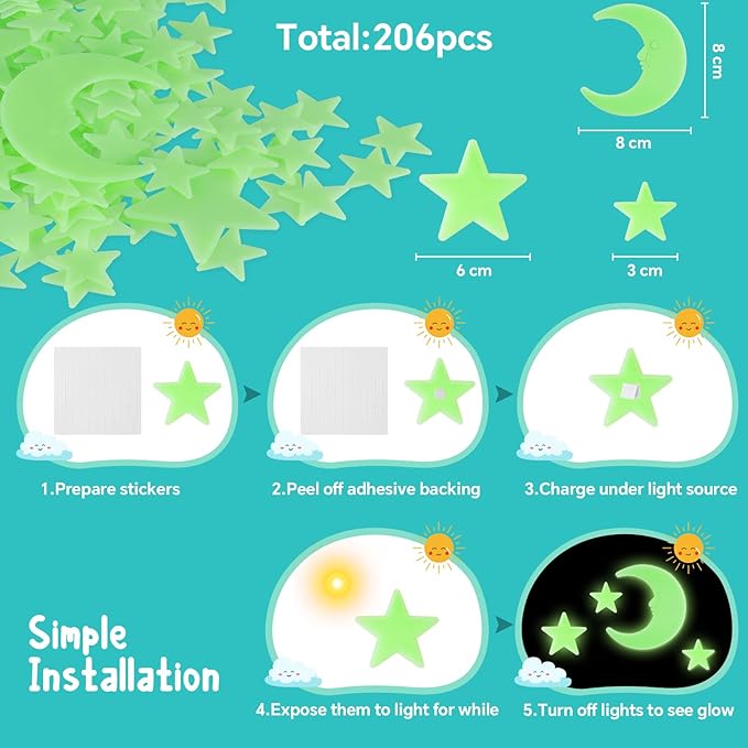 Glow in The Dark Stars for Ceiling - 205PCS Stars & 1 Moon for Kids Bedroom, Baby Room Nursery - Safe, Removable & Reusable