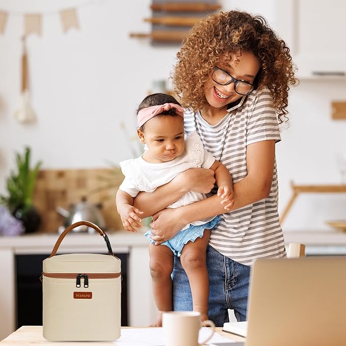 Mancro Breast Milk Cooler Travel Bag with Ice Pack, Insulated Baby Bottle Bag Fits for 6 Baby Bottles Up to 9 Ounce with Detachable Shoulder Strap, Breastmilk Cooler for Working Mom or Daycare, Beige