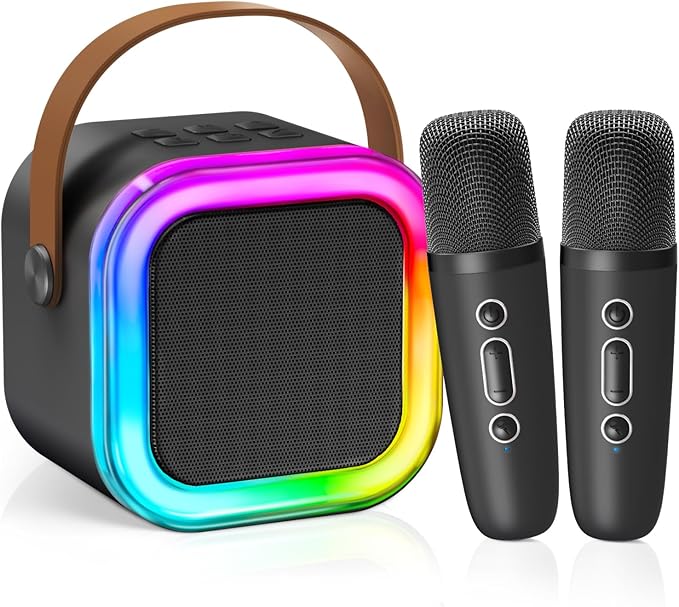 【2025 Newest】 Mini Karaoke Machine for Kids Girls & Boys - Portable Bluetooth Speaker with 2 Wireless Microphones - Kids Birthday Gifts for Ages 4-10 - Kids' Instrument Accessories - Black