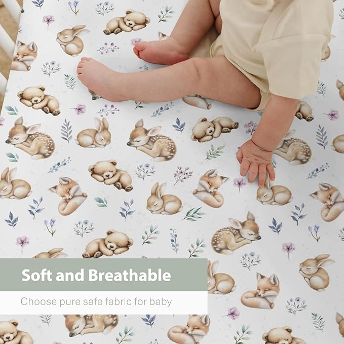 Sleeping Spring Animals Baby Crib Sheets Boy Girl 28"x52" Bear Deer Bunny Floral Leaves Soft Snug Fitted Crib Mattress Cover Cute Animals Baby Sheet for Standard Crib & Toddler Mattress