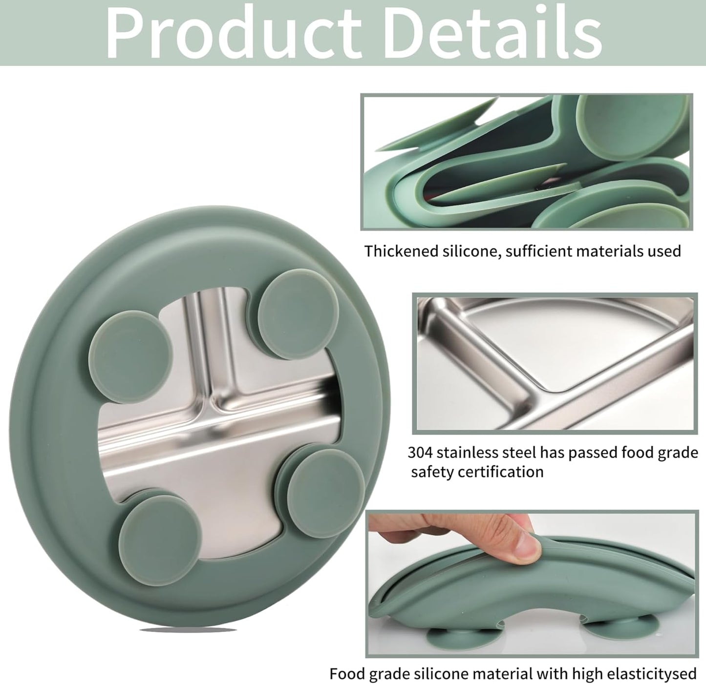 3Pack Sainless Steel Kids Plates with Suction, 8.1” Divided Toddler Baby Plates with Removable Silicone Sleeves BPA Free Non-Slip 2-in-1 Anti Breakage Metal Toddler Bowls