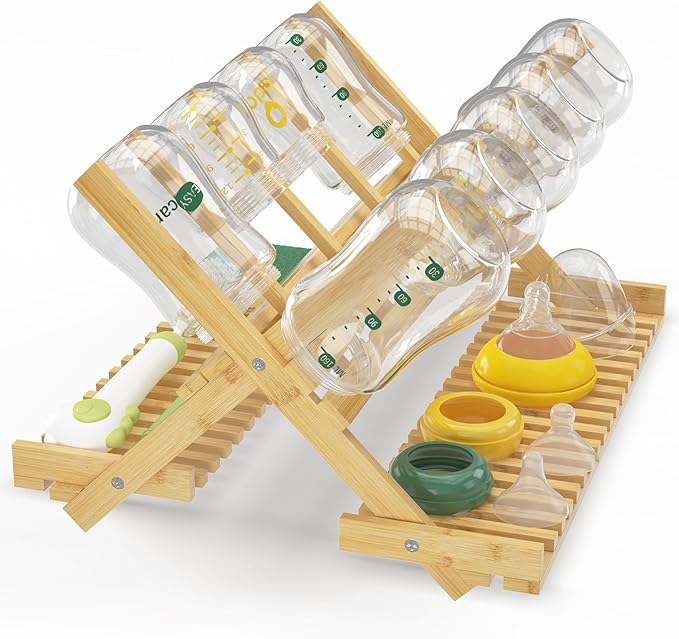 EsLuker.ly Baby Bottle Drying Rack, Bamboo Vertical Dryer Holder Organizer for Kitchen Countertop, Space Saving Foldable Baby Glass Milk Bottle Drain Storage Shelf for New Parents Family, No Assembly