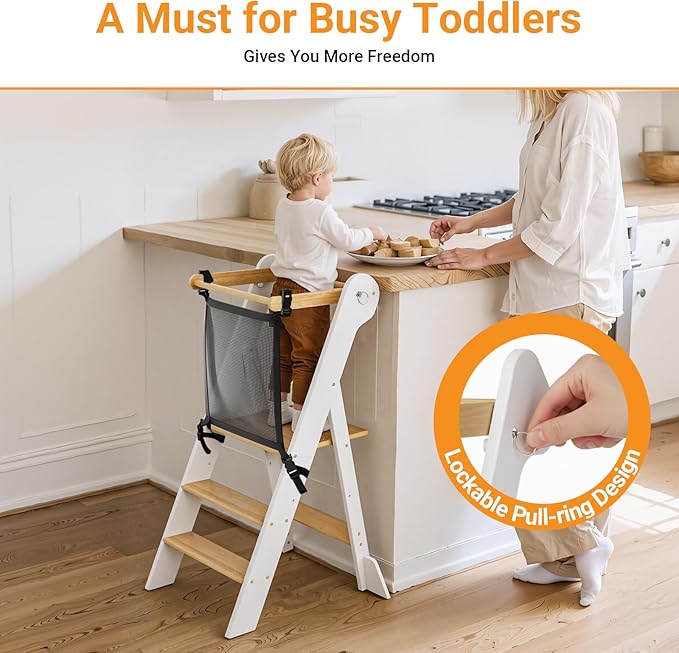 COSYLAND Foldable Toddler Kitchen Stool Helper - Height Adjustable Standing Tower for Bathroom Sink or Kitchen Counter - Step Stool for Toddlers Ages 18 Months to 6 Years White & Natural