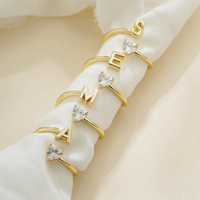 Gold Initial Rings for Women Girls - 18K Gold Plated Adjustable Letter A-Z Initial Ring Dainty Heart Zirconia Rings for Women Teen Girl Gifts
