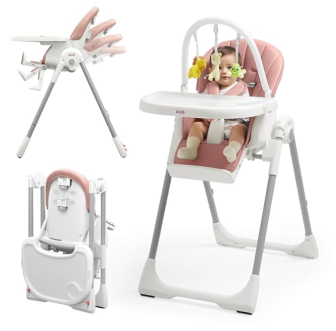 KÜB 3-in-1 Foldable Baby High Chair, 7 Height & 4 Recline Adjustable Seat & Tray for Easy Clean, 2 Locking Wheels, Multifunctional Infant High Chairs for Babies and Toddlers (Pink, with Toys)