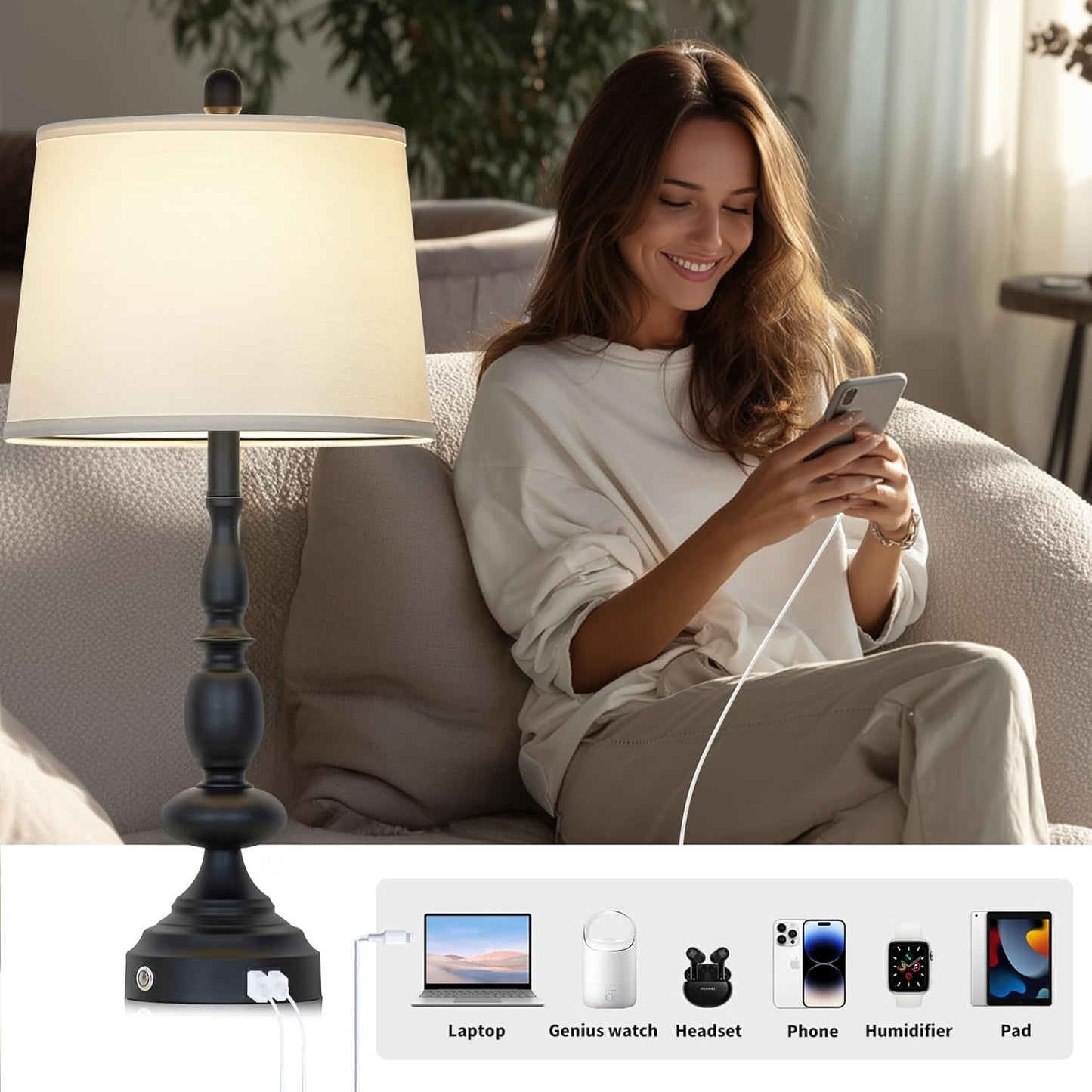 29" Black Modern Table Lamps Set of 2, Industrial Touch Control 3-Way Dimmable Bedside Lamp with USB C+A Ports, Metal Nightstand Lamps for Living Room Bedroom Office Home(2 LED Bulbs Included)