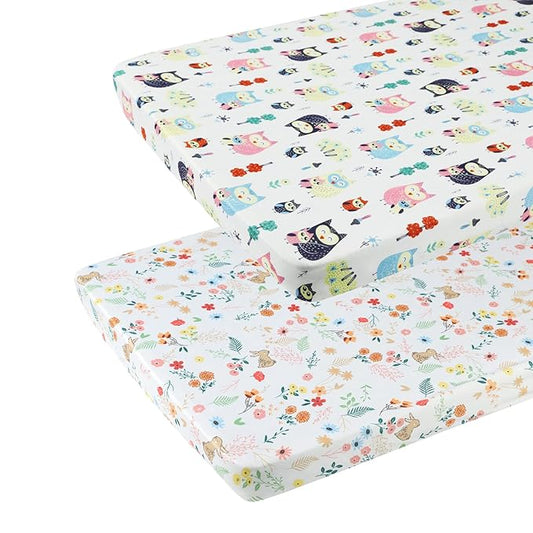 Onacosht Pack n Play Fitted Sheets for Baby Girl 2 Pack Set Soft Jersey Knit Sheets for Mini Crib Mattress and Playard Mattress, Rabbit Floral and Owl Printing