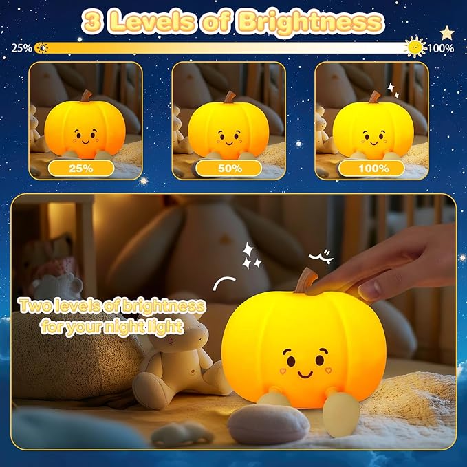 Night Light for Kids, Rechargeable Dimmable Silicone LED Nightlight, Baby Nursery Night Lamp, Touch Squishy Lamp, Halloween Gifts for Girls, Boys, Toddler Room Decor, Pumpkin