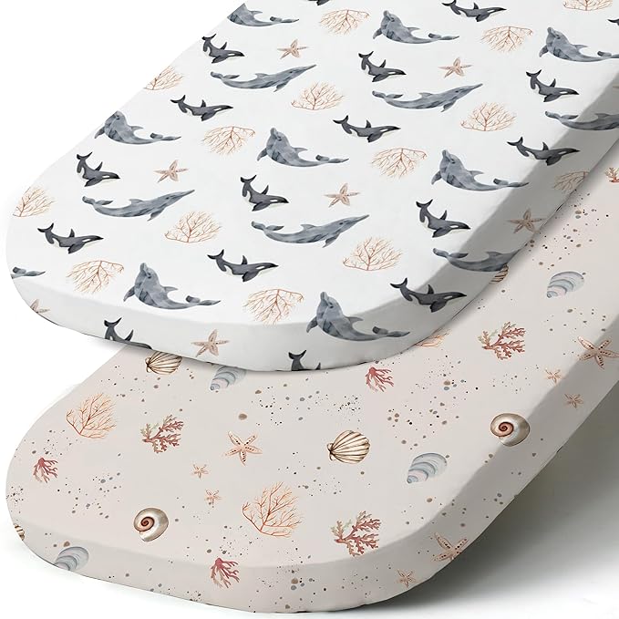 Stretch Fitted Bassinet Sheet Set BROLEX 2 Pack Cradle Sheets for Bassinet Pad/Mattress,Unisex Boys Girls,Ultra Soft,Dolphins Shells