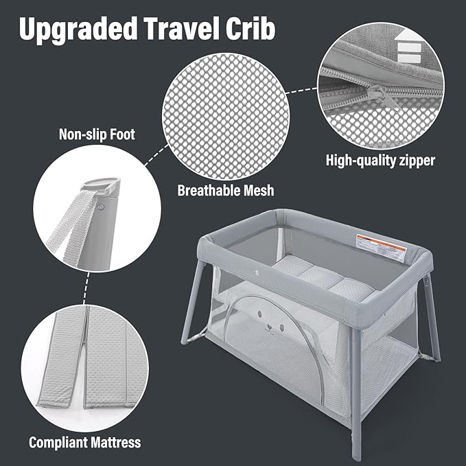 Travel Crib,Portable Crib for Baby, Pack and Play for Babies and Toddler, Lightweight Backpack Design,Foldable Travel Baby Playpen with Mattress(Light Grey)