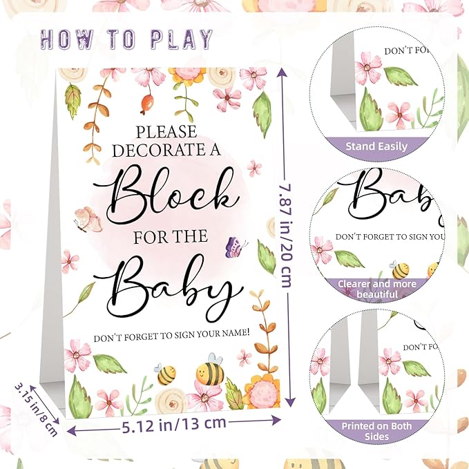 117 Pcs Baby Shower Blocks to Decorate Game Kit Includes 52 Wooden Blocks 24 Markers 1 Game Sign 40 Templates to Paint (Flower)