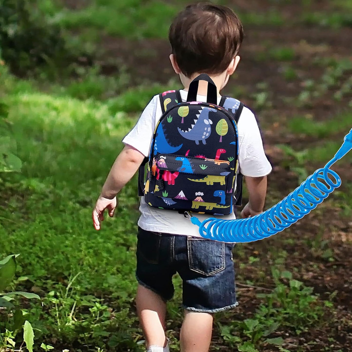 Accmor Toddler Backpack Leash with Anti Lost Wrist Link, Cute Mini Child Walking Harnesses Keep Kids Close Back Pack Rope Tether Rein for Baby Boys (Black/Dino)