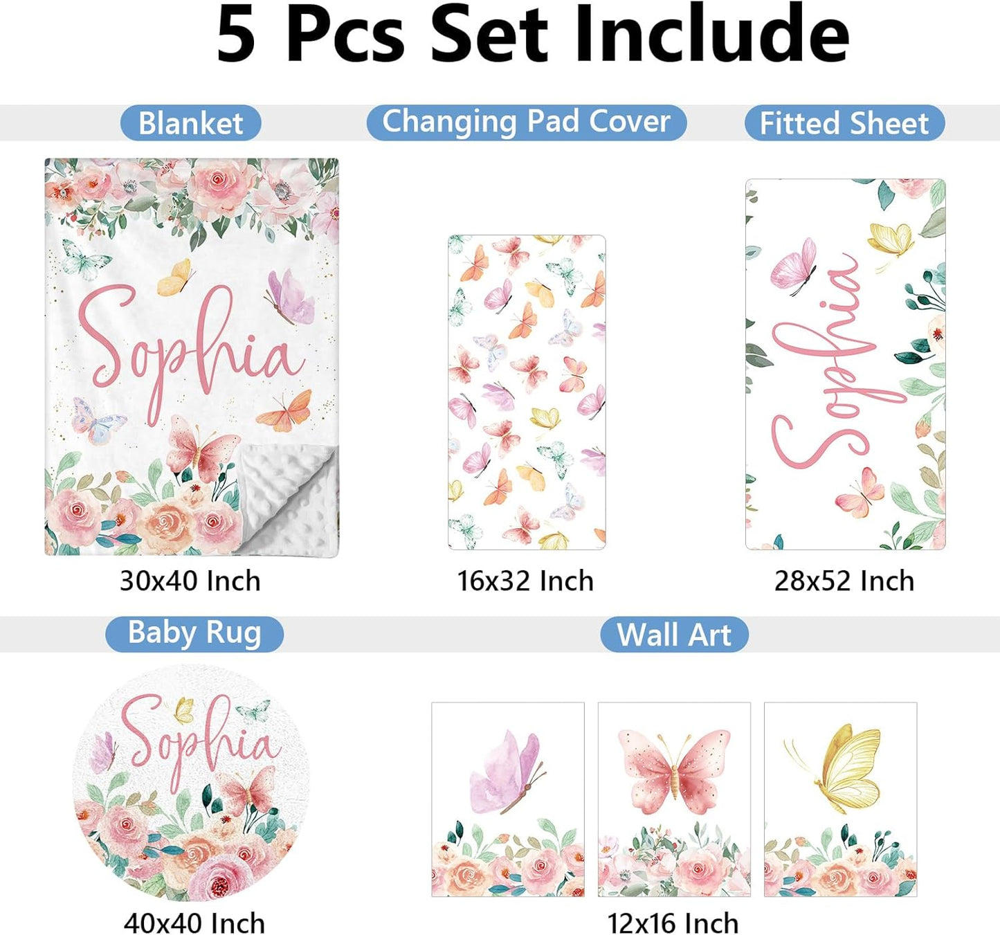 Personalized Baby Crib Bedding Set, 5 Pcs Custom Baby Crib Sets with Name, Double Layer Butterfly Nursery Bedding Set for Girls, Soft Flannel Baby Bedding Set, Toddler Infant Customized Gift