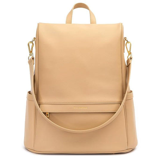 MIA + SOPHIA Leather Diaper Bag Backpack with USB Charging port, Changing Pad, Stroller Straps, and Bottle Holder (Brown Mia)