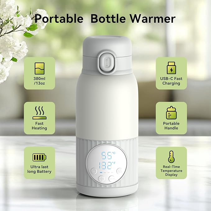 Portable Bottle Warmer for Travel,Fast Heating & Precise Temp Control for Baby Breast Milk & Water,Bottle Warmer for Outdoors/Home/Car..,13.5 Ounces Large Capacity to Meet Your All-Day Needs(Gray)
