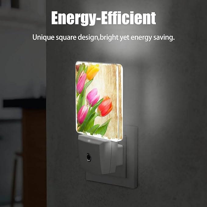 Vintage Tulips Night Light Plug in Wall Lamp Smart Dusk to Dawn Sensor for Home Decorative, Kids Room Bedroom Bathroom Kitchen Hallway Gifts
