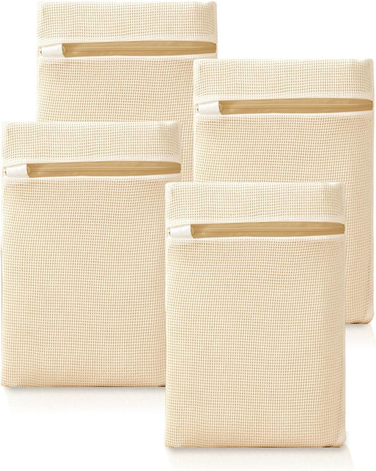 4Pcs Cotton Mesh Laundry Bags for Delicates,Breathable Mesh Garment Bag for Washing Machine,Travel Wash Bags with Zipper for Bras,Underwear,Socks,Baby Clothes,Laundry Dorm Room Essentials(S)