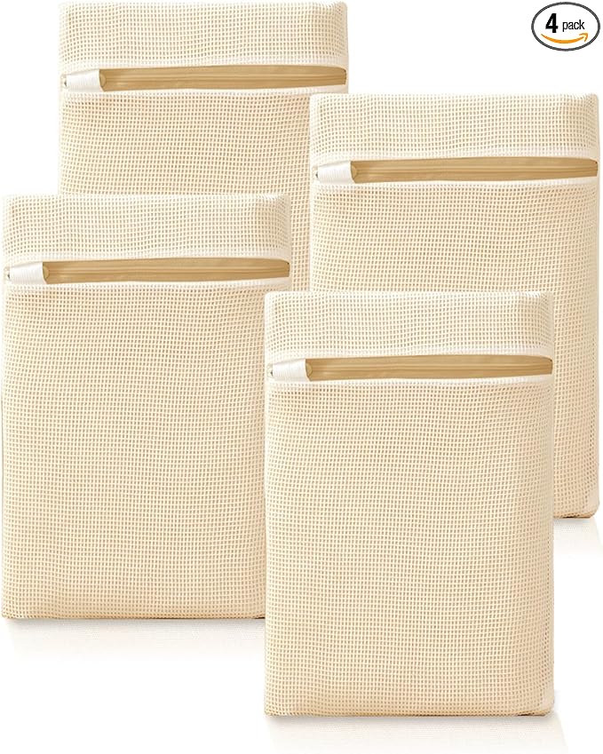 4Pcs Cotton Mesh Laundry Bags for Delicates,Breathable Mesh Garment Bag for Washing Machine,Travel Wash Bags with Zipper for Bras,Underwear,Socks,Baby Clothes,Laundry Dorm Room Essentials(S)