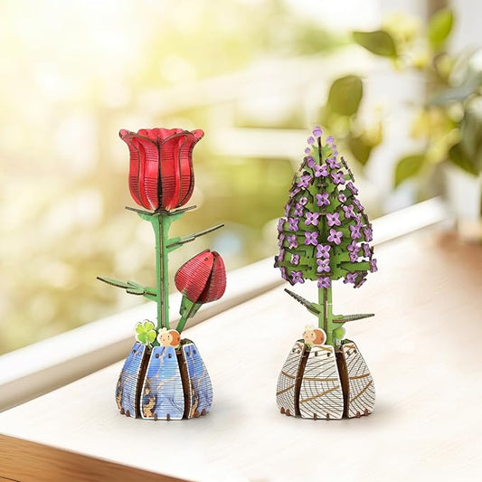 Jege 3D Flowers Wooden Puzzles for Adults,DIY Wooden 2 Flowers per Kit Building Set for Home Decor, Creative Craft Gift Toys Kits with 2 Perfume Bottles and Diffuser Sticks (Rose + Lilac)
