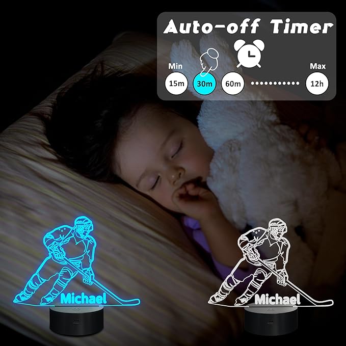 Customized Ice Hockey Night Light, 3D LED Optical Illusion Lamp with Remote Control and Timer, Perfect Christmas and Birthday Gift Idea for Boys, Kids, and Teen