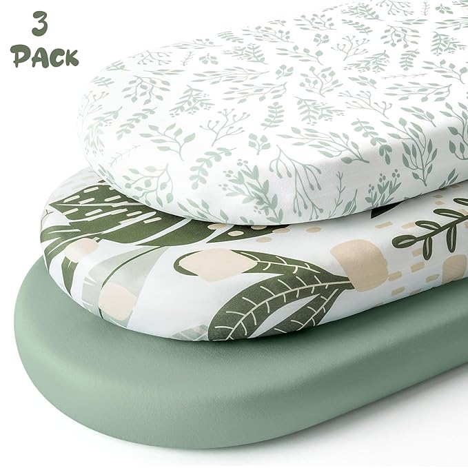 Yoofoss Bassinet Sheets for Baby,3-Pack Fitted Bassinet Sheets Set Compatible with Halo Bassinest Swivel Sleeper,Baby Delight,Angelbliss,Soft Breathable Bassinet Mattress Sheets(Green+Leaf)
