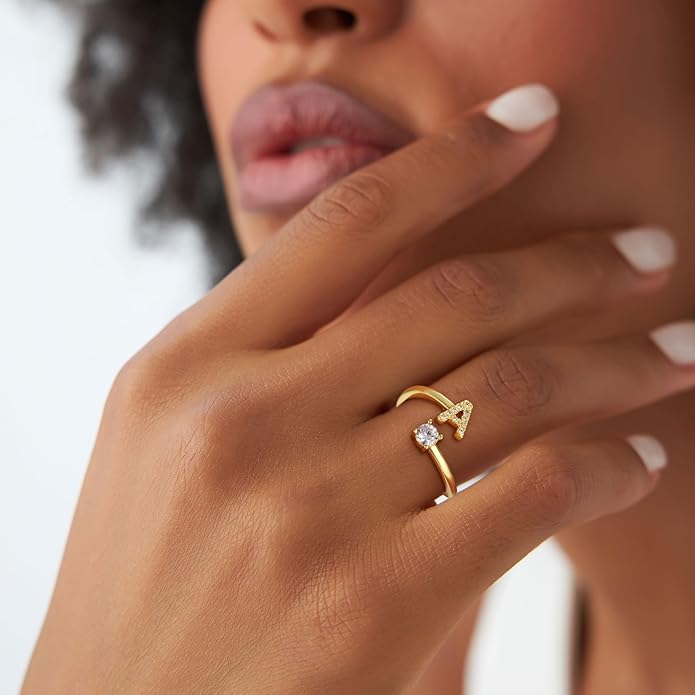 Gold Rings for Girls Women - Dainty 14K Gold Plated Adjustable Letter Rings Teen Girls Gifts Trendy Stuff Initial Ring Teen Girl Birthday Christmas Gift for Girl Non Tarnish