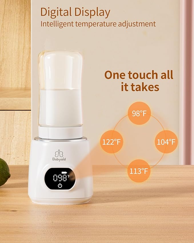 Portable Bottle Warmer, 100W Fast Heating, 13500mAh Cordless Baby Bottle Warmer with 4 Adapters & Temp Control, Travel Warmer for Breastmilk & Formula, Snow White