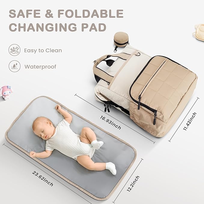 VONAL Diaper Bag Backpack, Lightweight Baby Diaper Bags, Travel Large Diaper Bag with Changing Station, Khiki Diaper Backpack for Boys Girls Newborn with Insulated Pockets, Stroller Straps