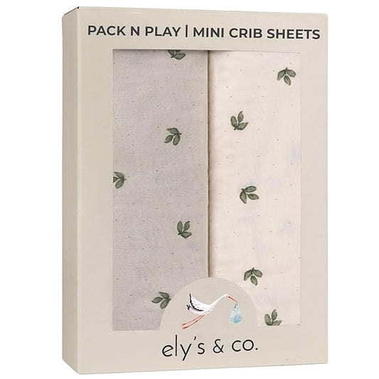 Ely’s & Co. Pack and Play Sheets, for Mini/Portable Crib, 2 Pack Fitted Playpen Play Yard Sheet Set Compatible with Graco Pack n Play, for Baby Boys/Girls, 100% Cotton, Sage Vintage Leaf, 38”x24”x5”