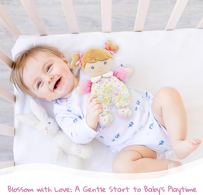 June Garden 9" My First Doll Blossom - Soft Plush Baby Doll - Pink Floral Outfit