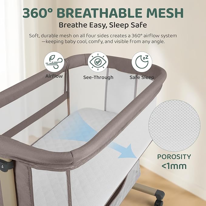 Cowiewie Bassinet Bedside Sleeper, Portable, Breathable, Adjustable Baby Bedside Bassinet for Peaceful Nights, Khaki