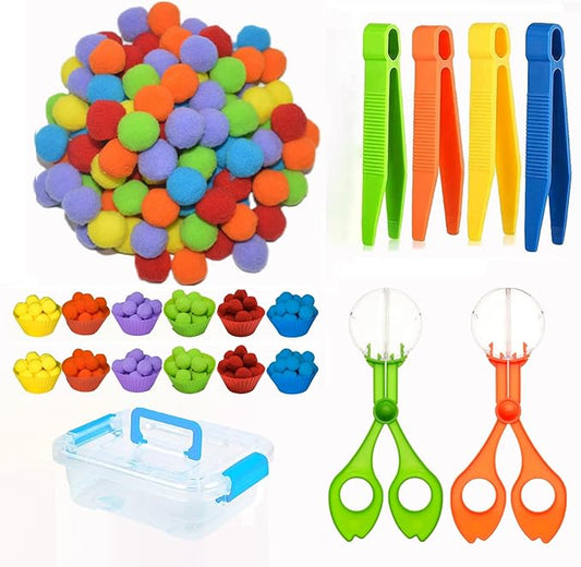 119Pcs Kid Tweezers fine Motor Skills Set,Helping Hands fine Motor Tool Set，Includes 100 Pcs Pompoms,12 Cups,4 Tweezers,2 Clips,1 Storage Box for Counting Sorting Training