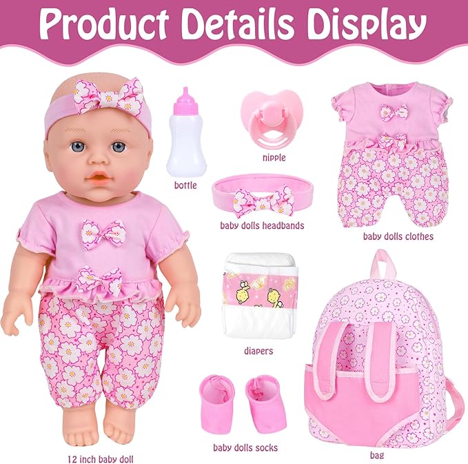 12 Inch Baby Dolls with Backpack Carrier Can Store Doll Clothes and Accessories,12" Reborn Baby Doll Set in Gift Box with Feeding Bottle Nipple Diaper for Kids Toddler Age 3+