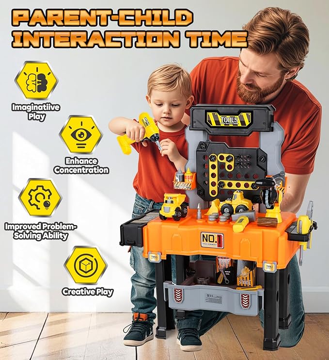 Lehoo Castle Kids Tool Bench with Electric Drill and Construction Vehicles, 2-in-1 Workbench and Toolbox for Toddlers, STEM Learning Toys for Age 3-5, Birthday Gift for Boys & Girls