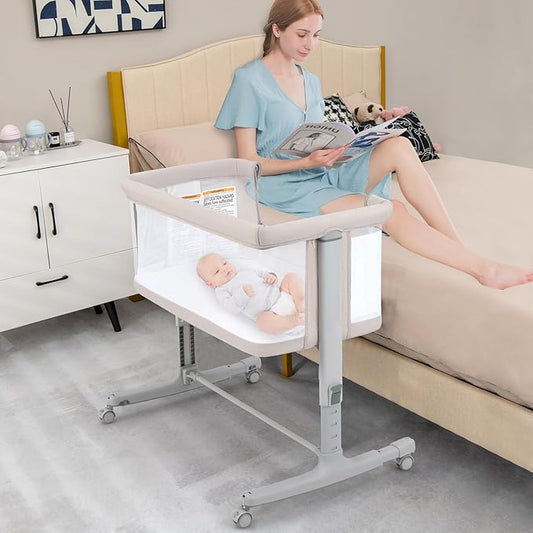 INFANS 3 in 1 Baby Bassinet, Bedside Sleeper for Newborn, Folding Crib with Mattress, Travel Bag, Wheels, 4-Sided Mesh, Easy to Assemble Cradle Co Sleeper Stationary, Rock (Beige)