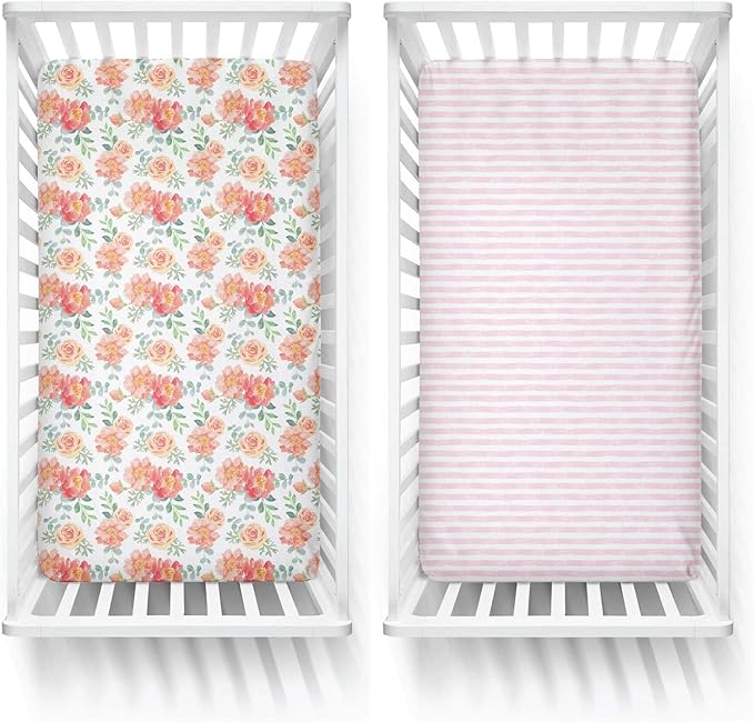 Featherhead™ 2-Pack Fitted Crib Sheets - 100% Cotton - 52" x 28" x 9" for Standard Crib and Toddler Mattress (Jersey Garden Floral)